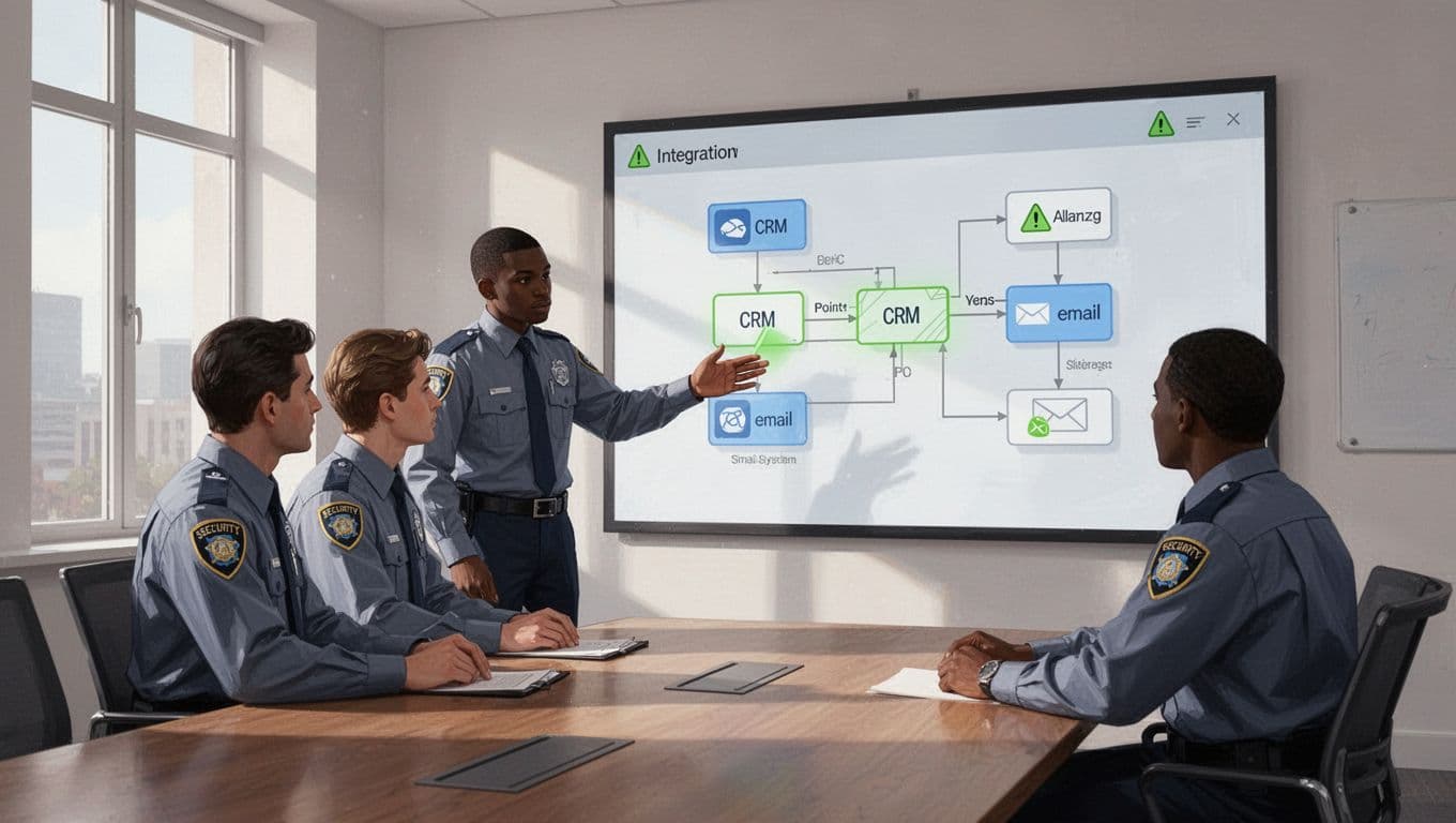 Modern illustration of a security team in a conference room reviewing an automated email workflow diagram on a shared screen, with one analyst pointing to a risky CRM-email integration.