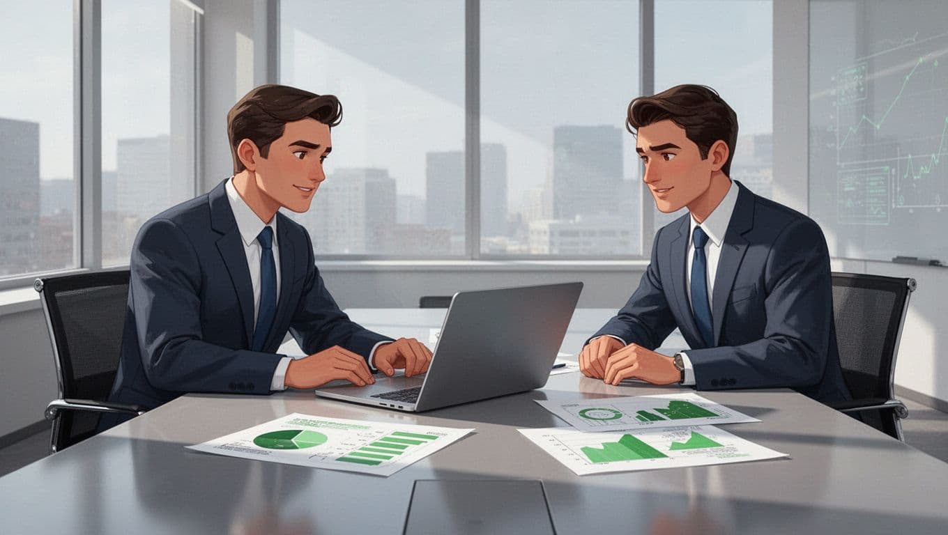 Two professionals sit at a conference table reviewing charts and laptop metrics dashboard.