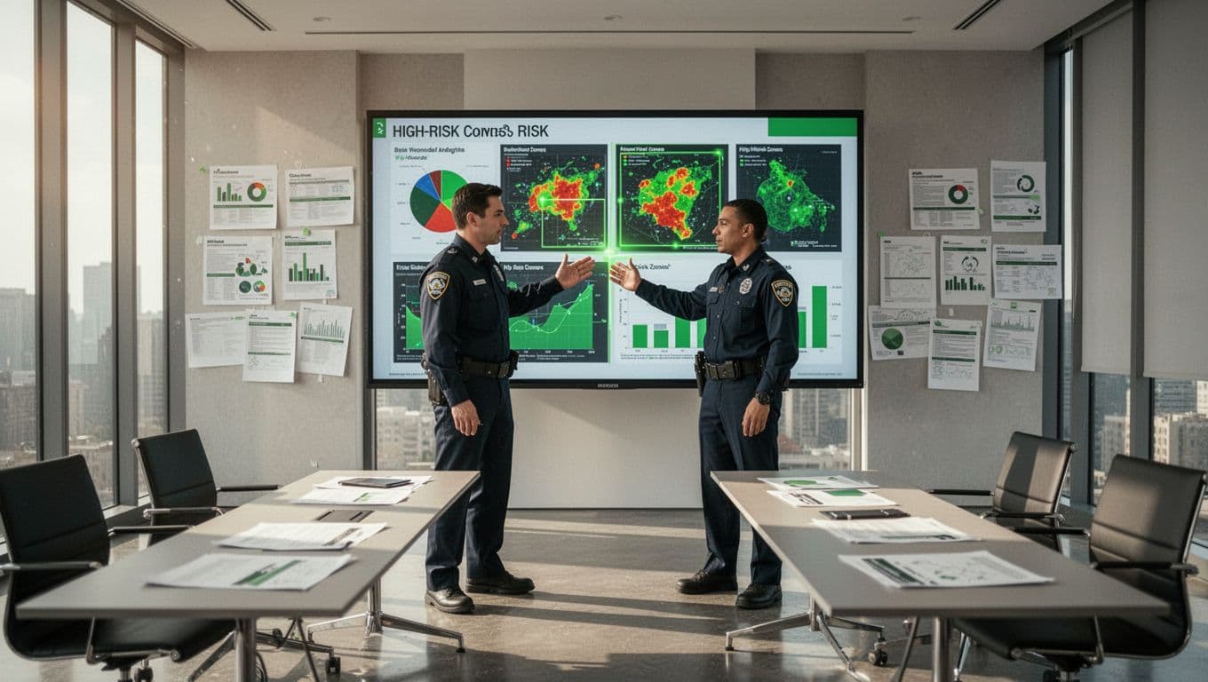 Two professionals in a conference room review risk charts on a large screen and papers, one pointing to high-risk areas.