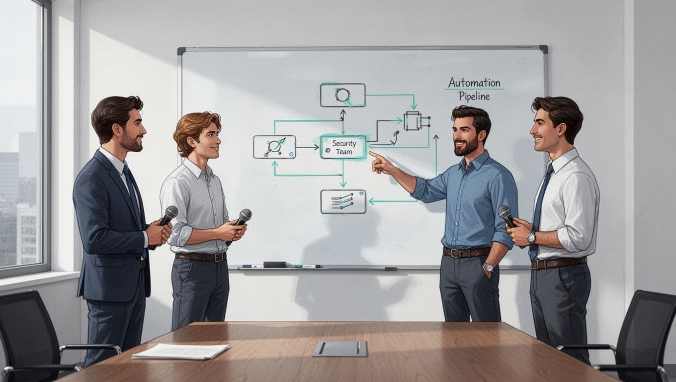 Modern illustration of a security team in a conference room conducting a technical interview, with one candidate presenting an automation pipeline flowchart on a whiteboard to two interviewers in relaxed poses.