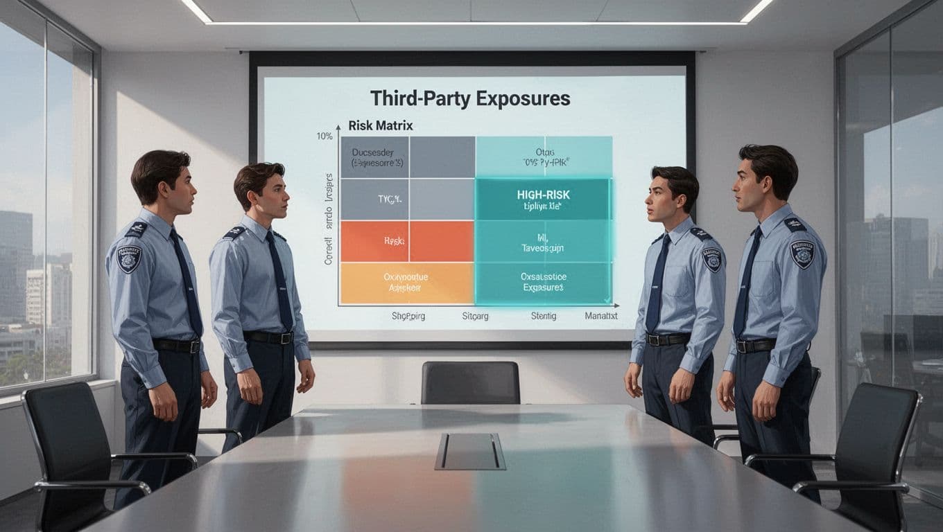 Three security team members discuss projected risk assessment matrix highlighting high-risk third-party exposures in conference room.