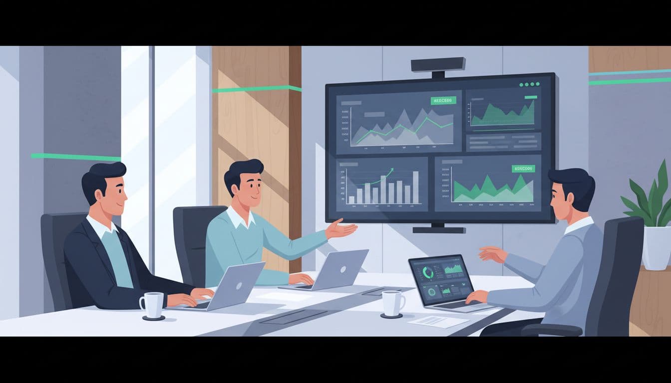 Three team members review vendor access logs on laptops and shared screen at a conference table with coffee mugs.