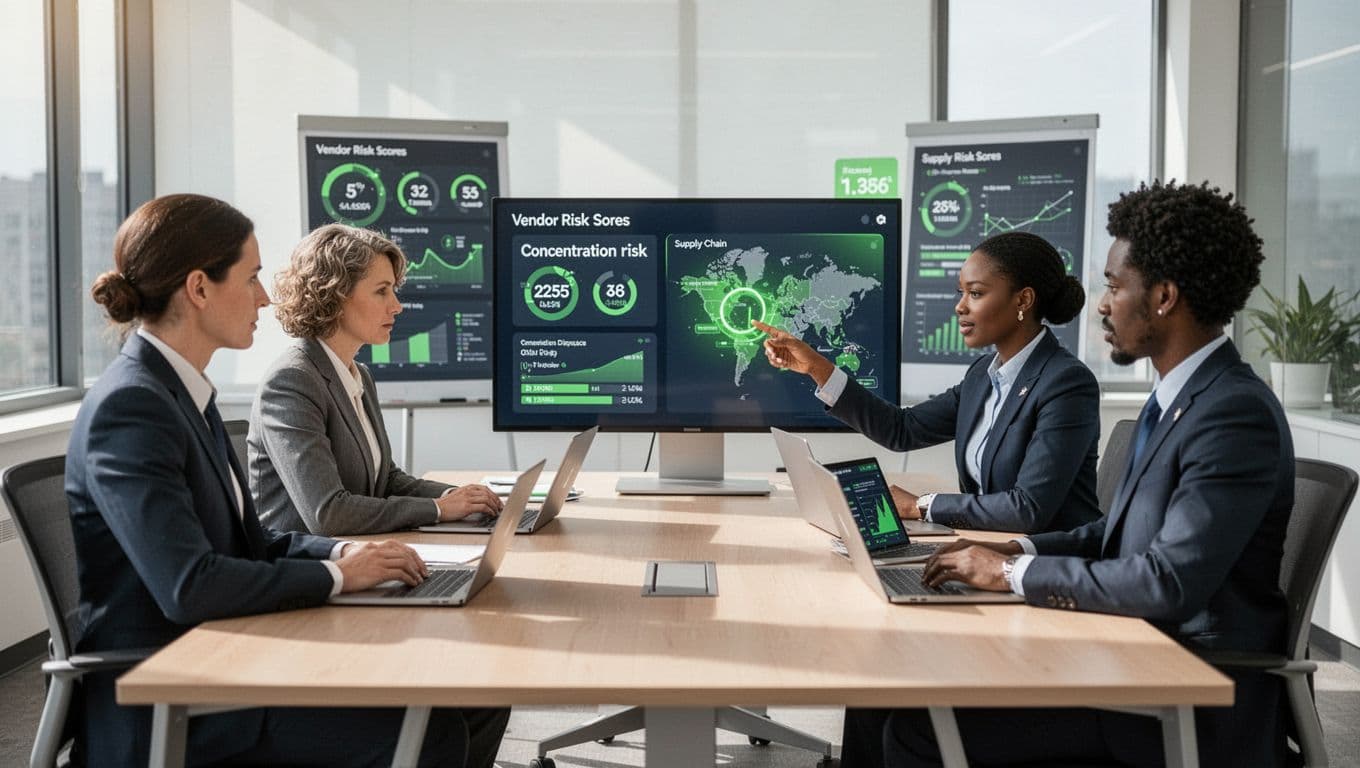 Modern illustration of three diverse security professionals seated around a table in a bright conference room, reviewing vendor risk scores and supply chain maps on laptops and dashboards.