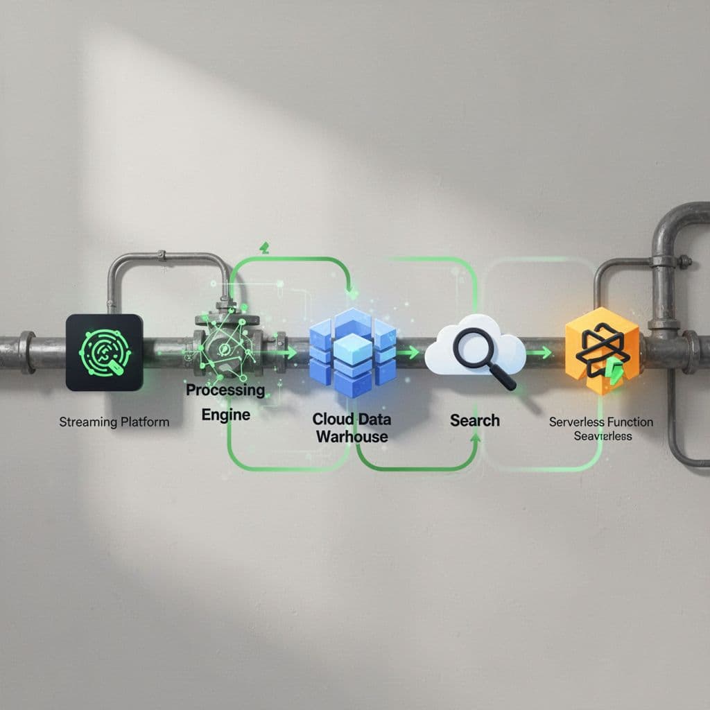 Horizontal pipeline icons of Kafka, Spark, Snowflake, Elasticsearch, and AWS Lambda with green connection accents on neutral background.