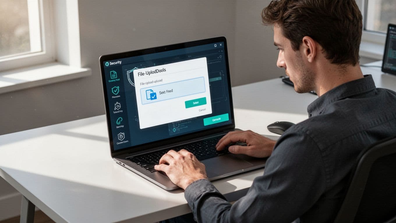 Security tester at desk focuses on laptop showing file upload form with selected file and Burp Suite icon nearby.