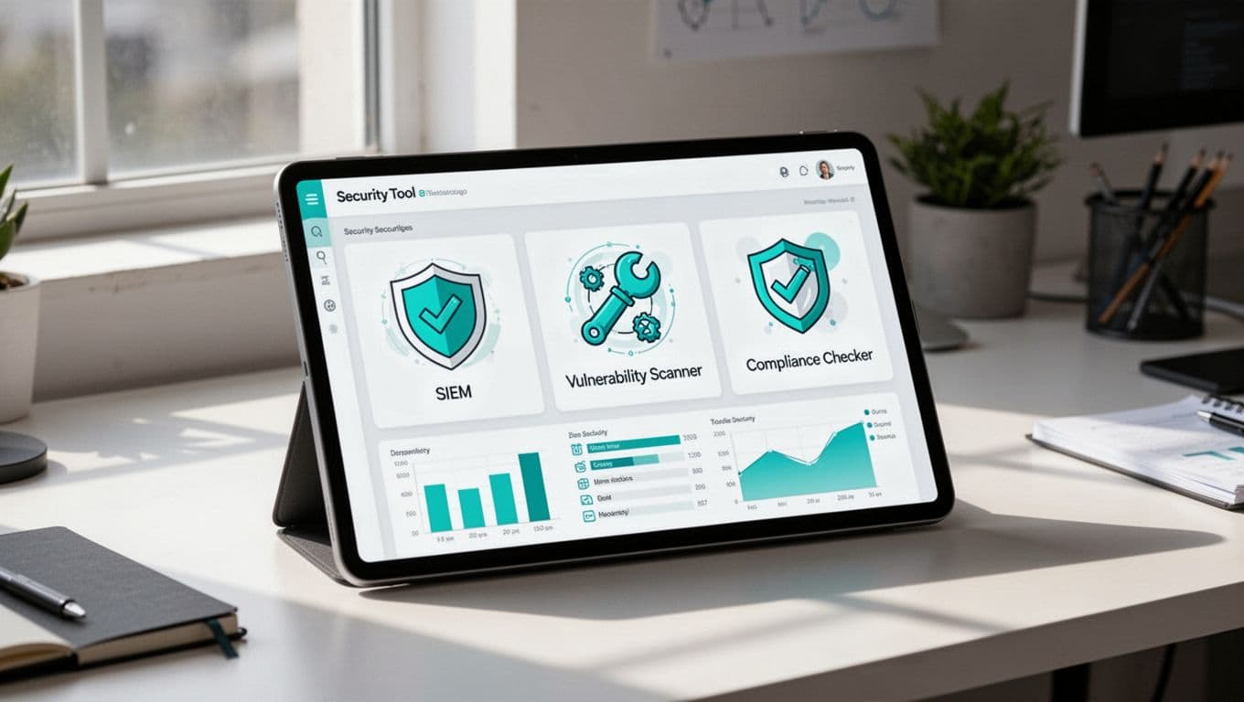 Tablet in startup workspace displays dashboard with SIEM, vulnerability scanner, and compliance icons.
