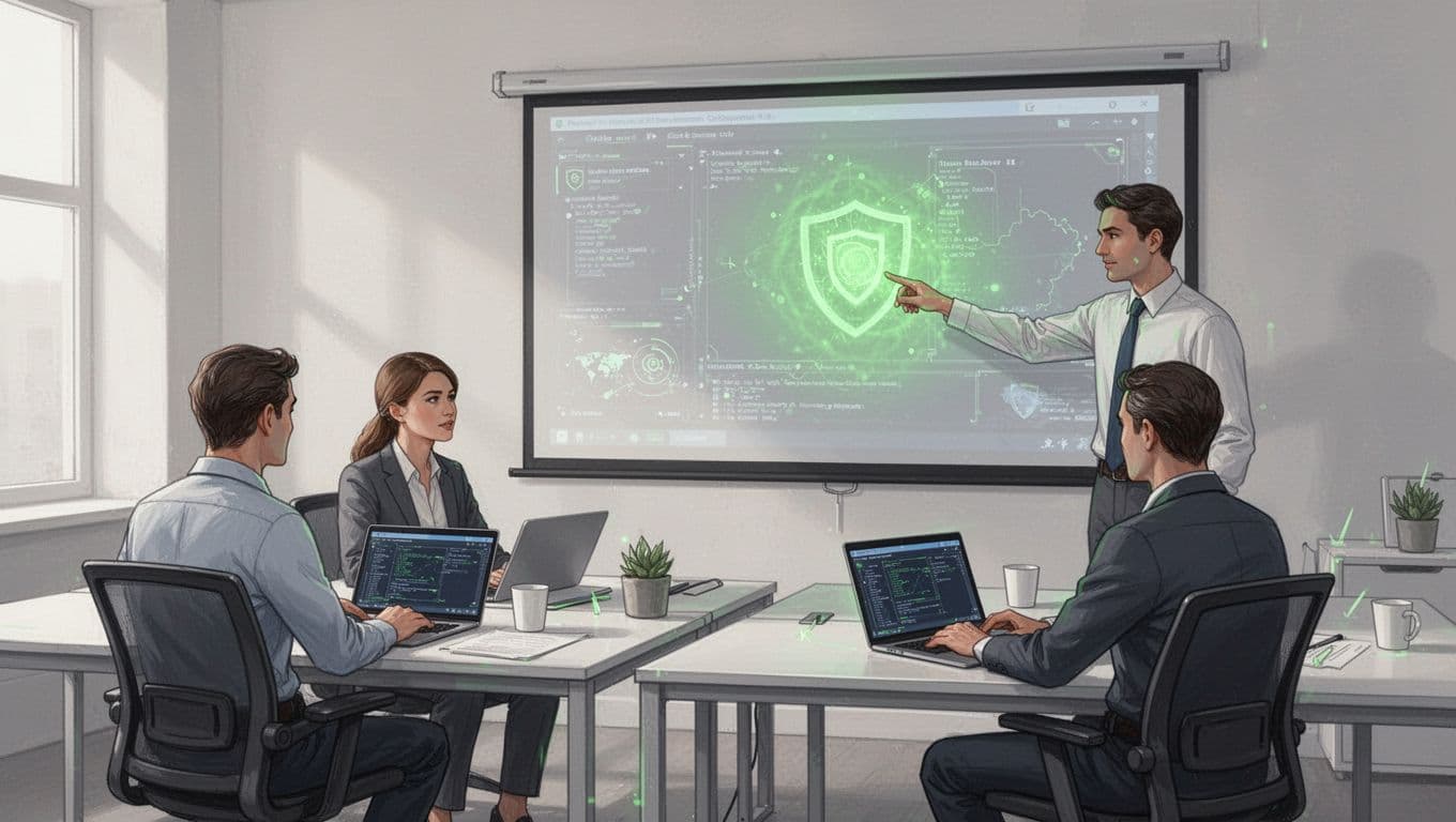 Instructor points to green-highlighted anomaly on projected screen for three employees at desks with laptops.