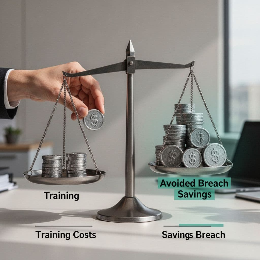 Balance scale tips right with larger avoided breach savings weights over left-side training costs; hand places weight.
