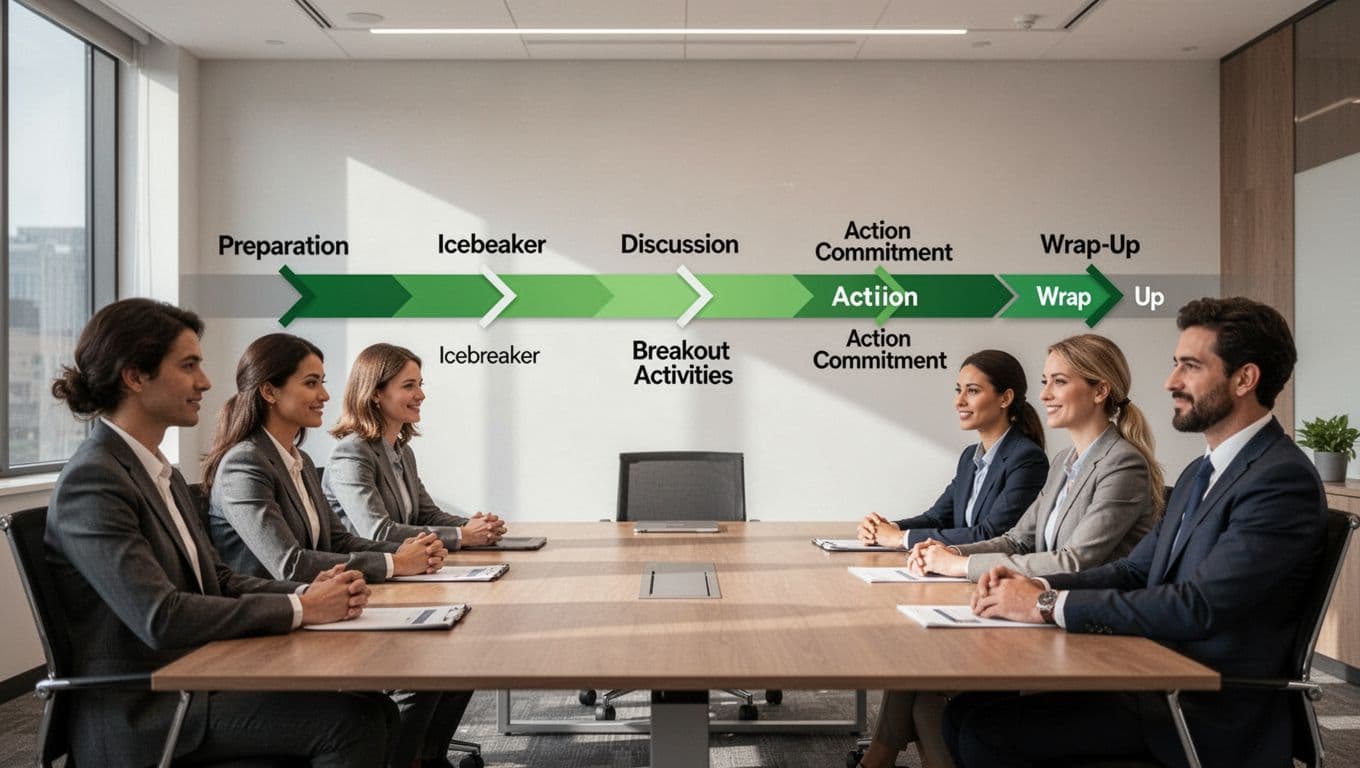 Modern illustration depicting a security workshop agenda as a horizontal timeline flow in a conference room, with icon sequences for preparation, icebreaker, main discussion, breakout activities, action commitment, and wrap-up phases. Features clean shapes, green-accented connecting arrows, left-to-right composition, soft lighting, and exactly 8 people seated around a table with relaxed hands.