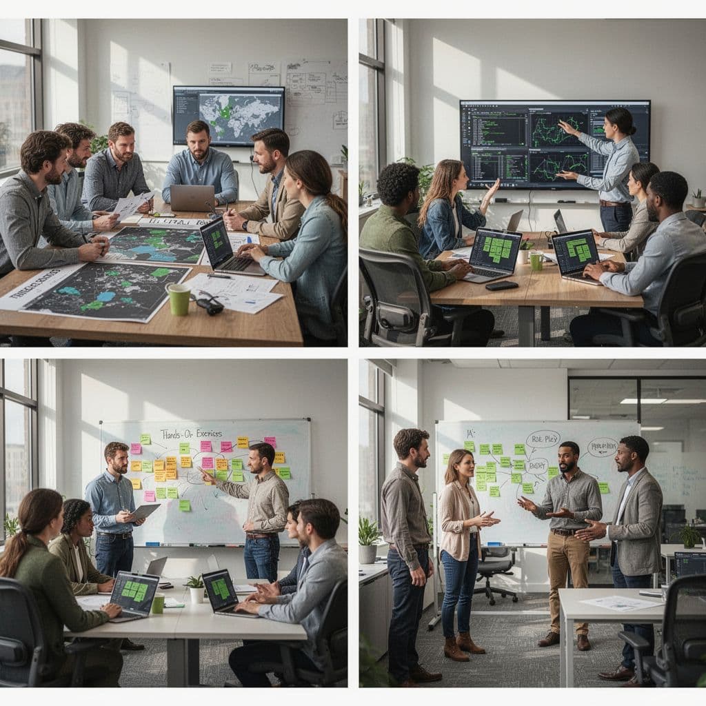 Modern illustration depicting four distinct security workshop formats side by side: tabletop exercise with a small group reviewing threat maps, hands-on lab with participants at laptops simulating attacks, brainstorming on a whiteboard with sticky notes, and role-play scenario with actors in an office setting. Features clean shapes, a controlled palette with #22C55E accents, strong quadrant composition, and natural lighting in a square aspect ratio.