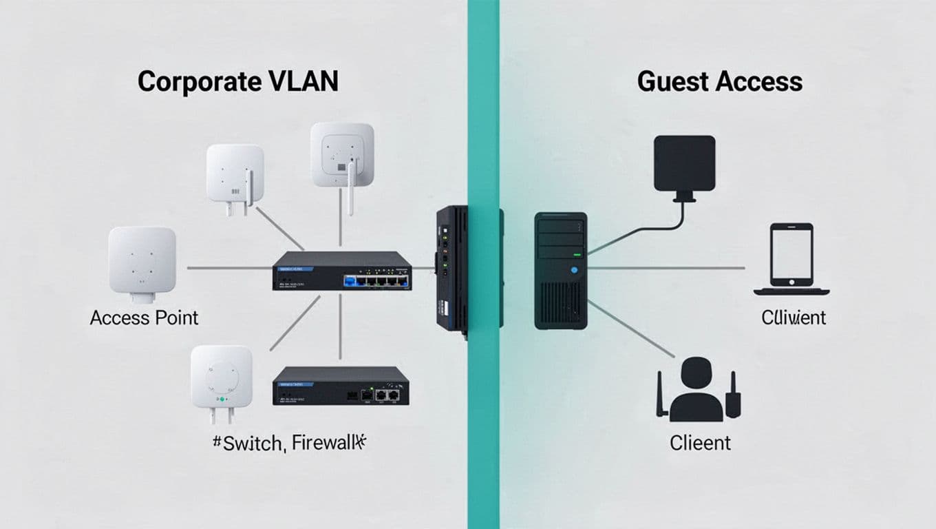 Illustration depicts corporate VLAN isolated from guest access by firewalls, with icons for access points, switches, and clients.