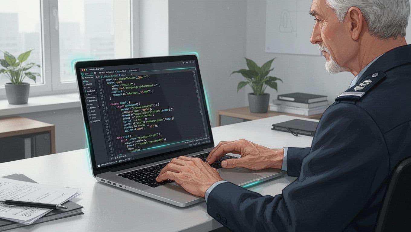 Modern illustration of a senior security engineer reviewing code on a laptop in a clean office with soft natural lighting and a controlled color palette.