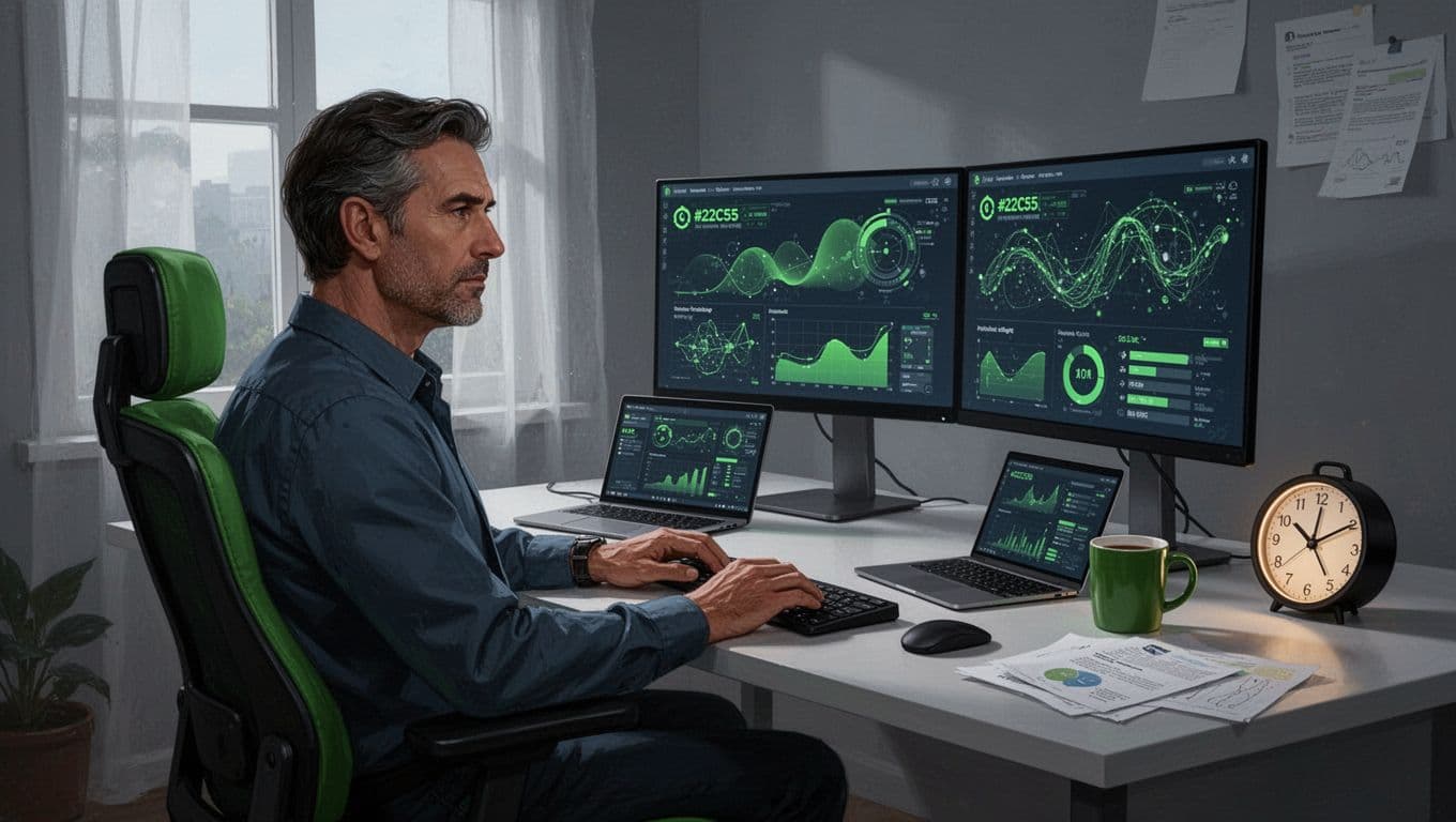 Mid-40s male cybersecurity expert sits tired at hybrid home-office desk with dual green-glow monitors, laptop, coffee mug, late clock, and messy notes.