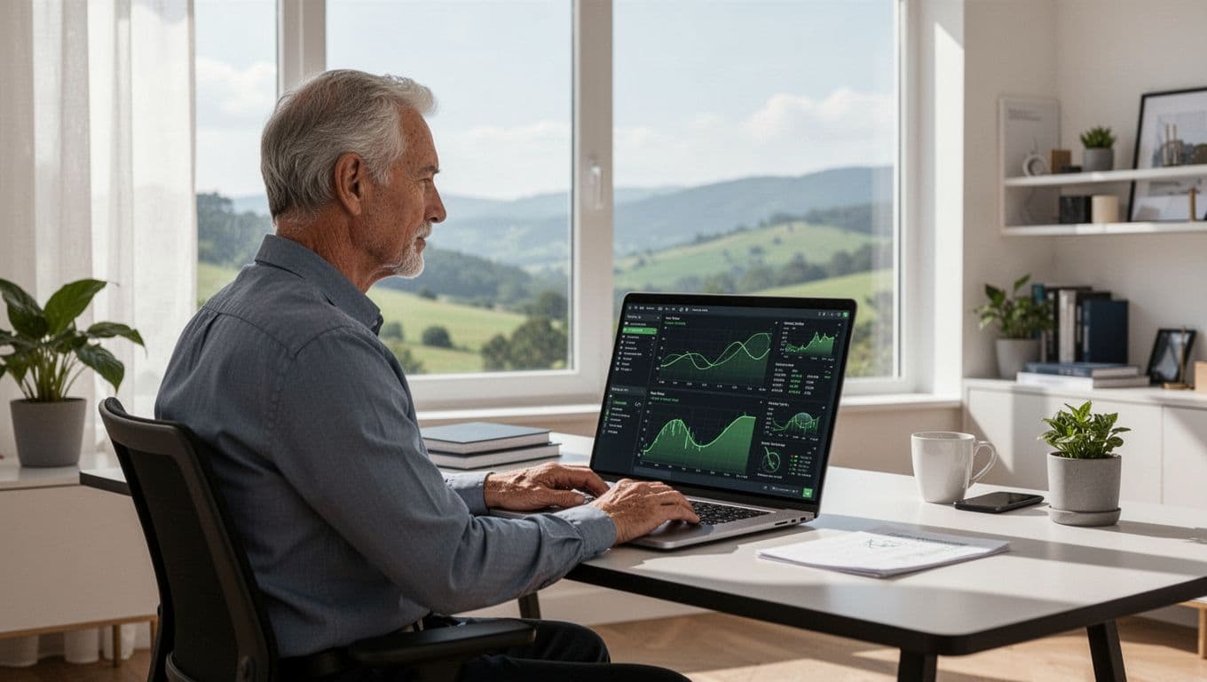 Senior cybersecurity professional at a modern home office desk, focused on laptop screen displaying security logs and abstract green threat charts in illustration style.
