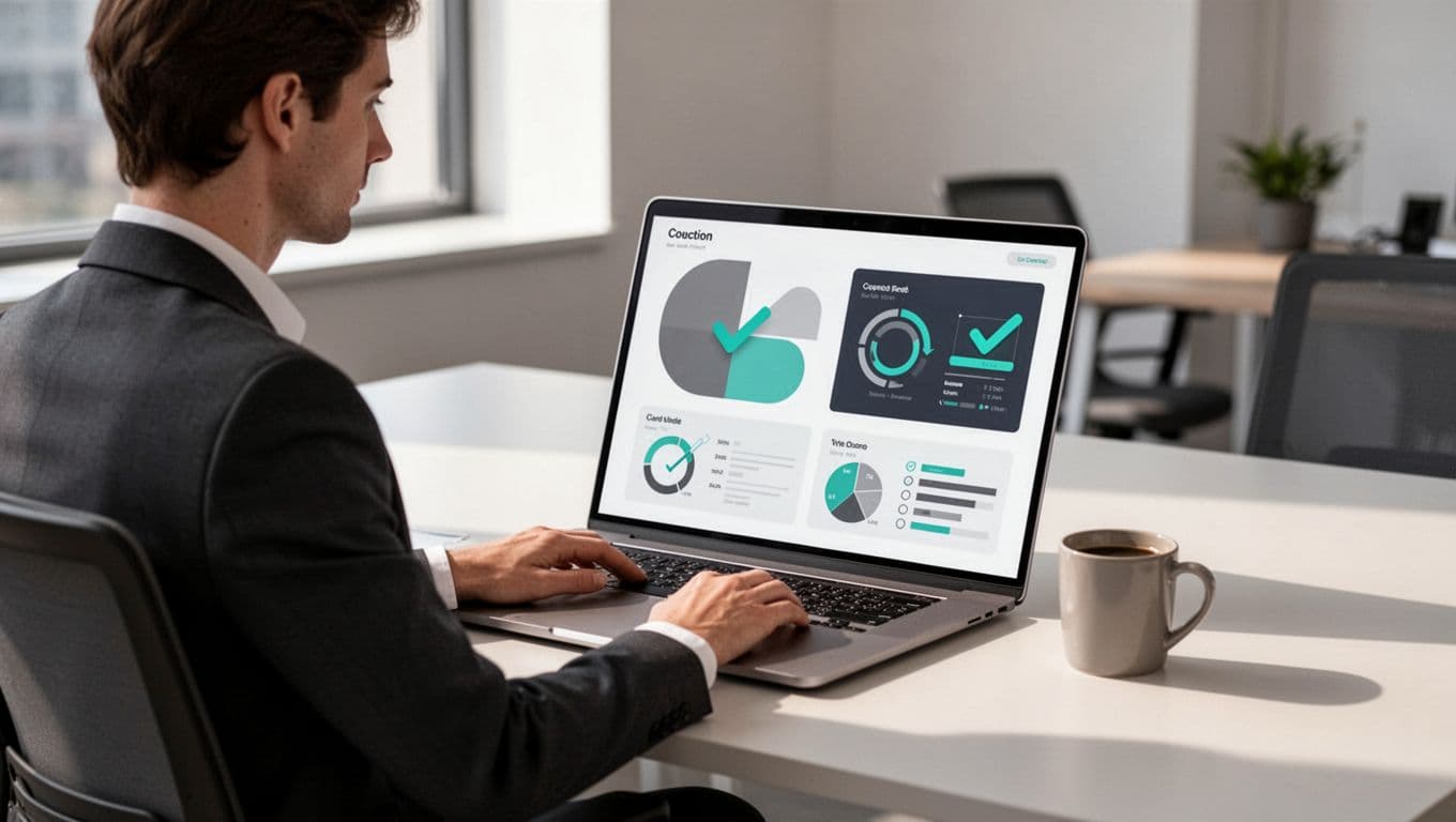 Modern illustration of one person at a desk with coffee mug reviewing a digital scorecard for senior security interview on a laptop screen, featuring categories like technical depth and strategic thinking, with green accents and soft office lighting.