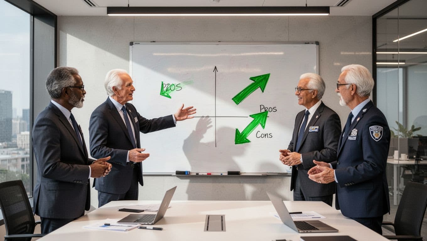 Modern illustration of diverse senior security professionals around a whiteboard in a modern office, discussing tradeoffs with a pros/cons chart and balanced arrows, viewed from above with collaborative composition.