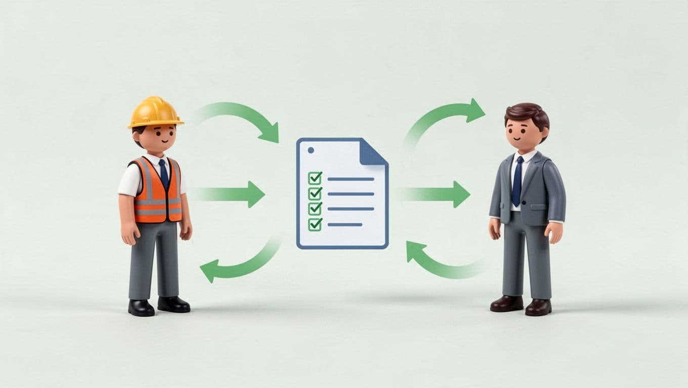 Modern illustration of a service account governance workflow with a central register connected by arrows to icons for DevOps engineer updating, IT manager reviewing, and compliance team auditing. Clean flowchart style on a light background with green accents.