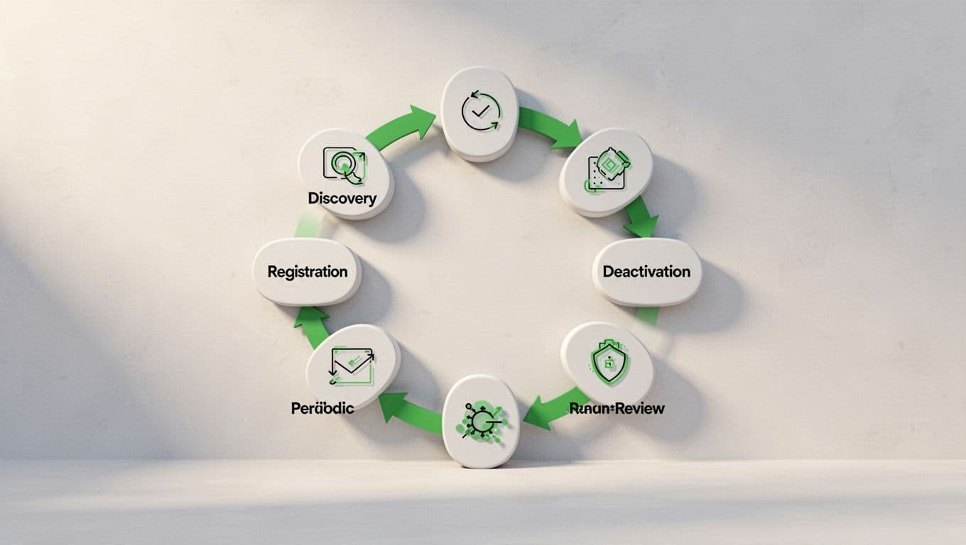 Modern circular flow diagram illustrating service account lifecycle stages: discovery, registration, periodic review, and deactivation with icons and arrows on a light background.