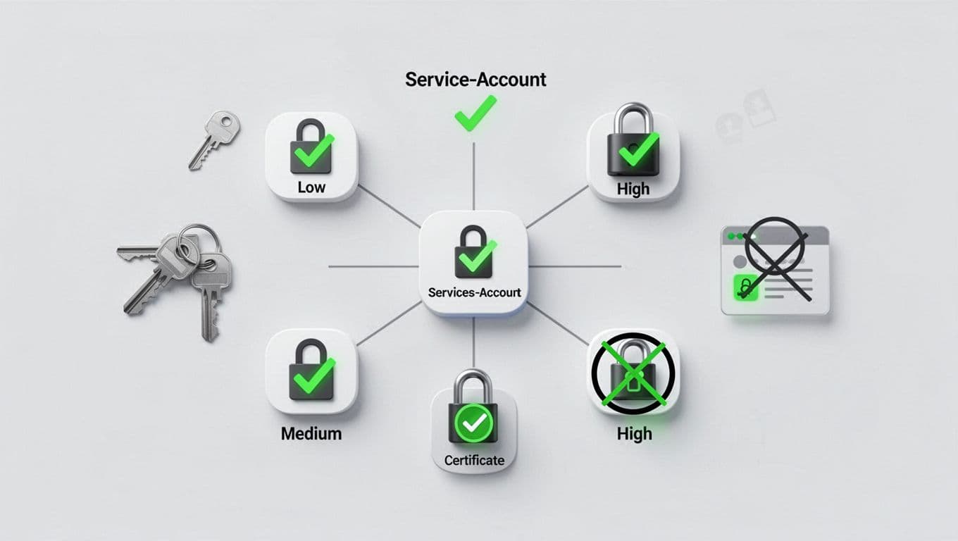 Central service account icon connects to low, medium, high privilege levels with check icons; authentication shown as locks, some crossed out.