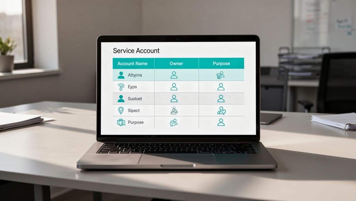 Modern illustration of a clean service account register table on a laptop screen in a professional office desk setting, featuring columns for account name, owner, and purpose with example entries and simple icons.