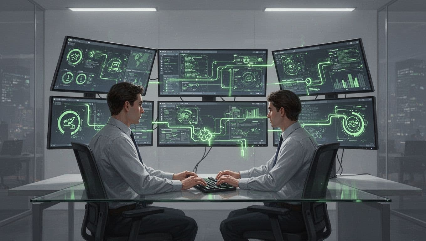 Modern illustration of an IT dashboard showing network logs, SSO activity, and highlighted endpoint devices in a control room. A single relaxed analyst at a desk views angled, simplified screens with clean shapes and green alerts.