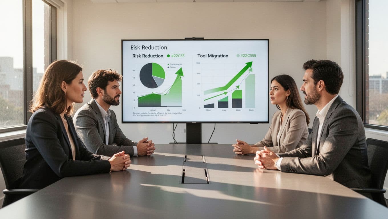Three professionals around table in modern office discuss shared screen with risk reduction and tools migration charts.
