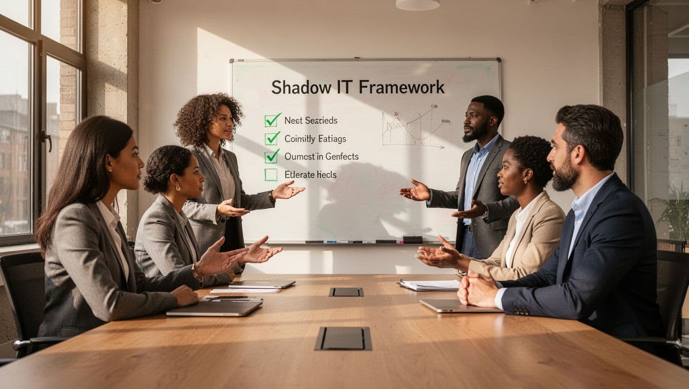 Modern illustration depicting IT, finance, and marketing professionals in a cross-department team meeting around a table, discussing a shadow IT framework on a whiteboard with checklist icons. Features exactly four diverse individuals, two women, two men, with clean shapes, green accents, strong collaborative composition, and warm office lighting.