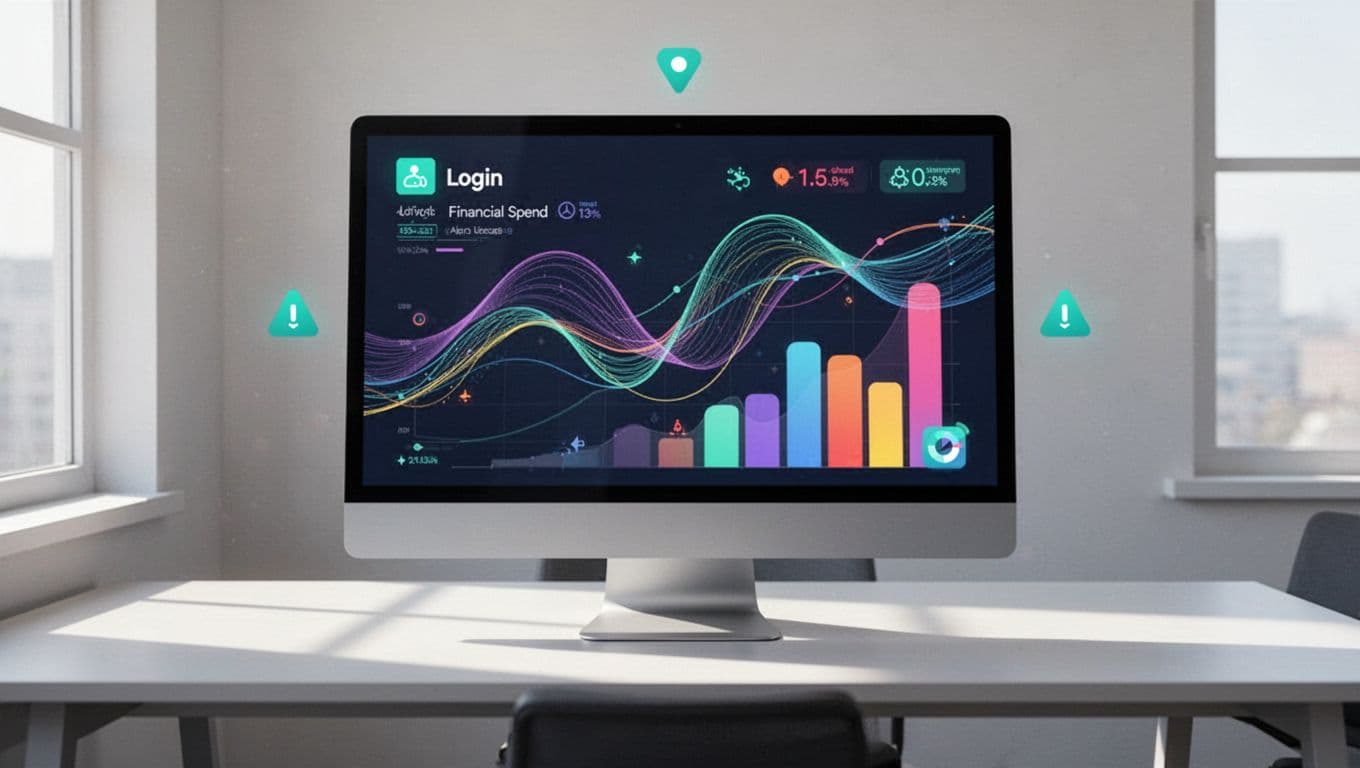 Monitor on office desk displays graphs of SSO logins, finance spends, and app usage.