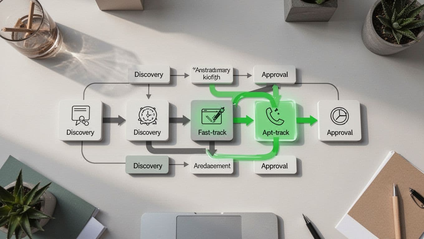 Top-down flowchart shows arrows from discovery to approval stages, green fast path highlighted amid minimal office background.