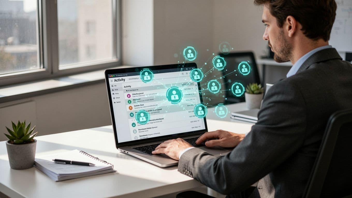 Computer screen shows shared mailbox interface with scattered permission icons; one admin reviews logs on clean office desk.