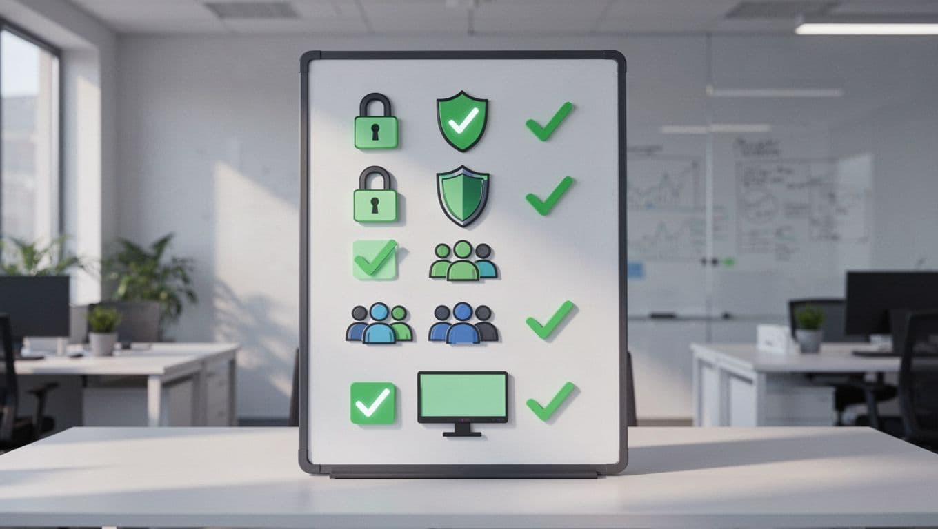 Modern illustration featuring a checklist board with security icons like lock, shield, users, and monitor in an IT admin dashboard style, subtle office backdrop, vertical list composition.