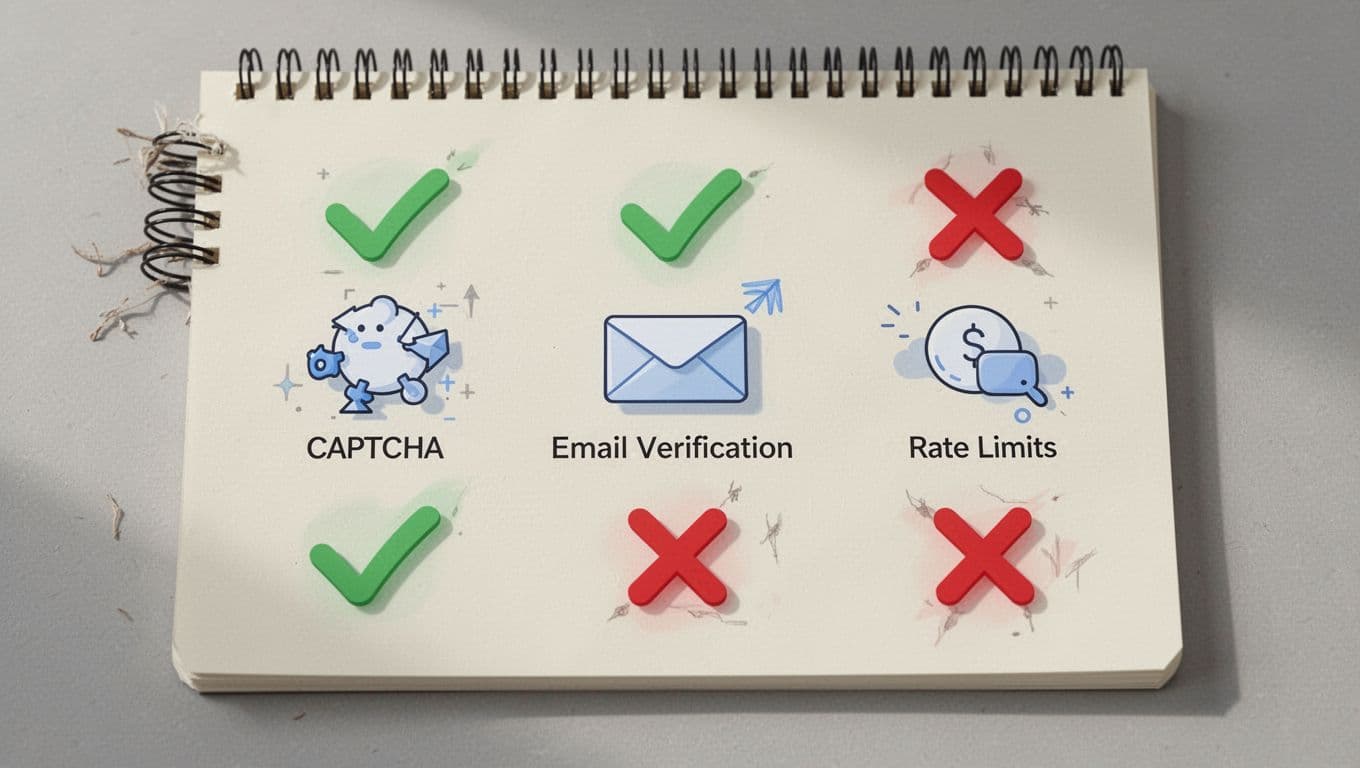 Notepad grid shows icons for CAPTCHA, email verification, rate limits with green checks on strong controls and red X on weak spots.