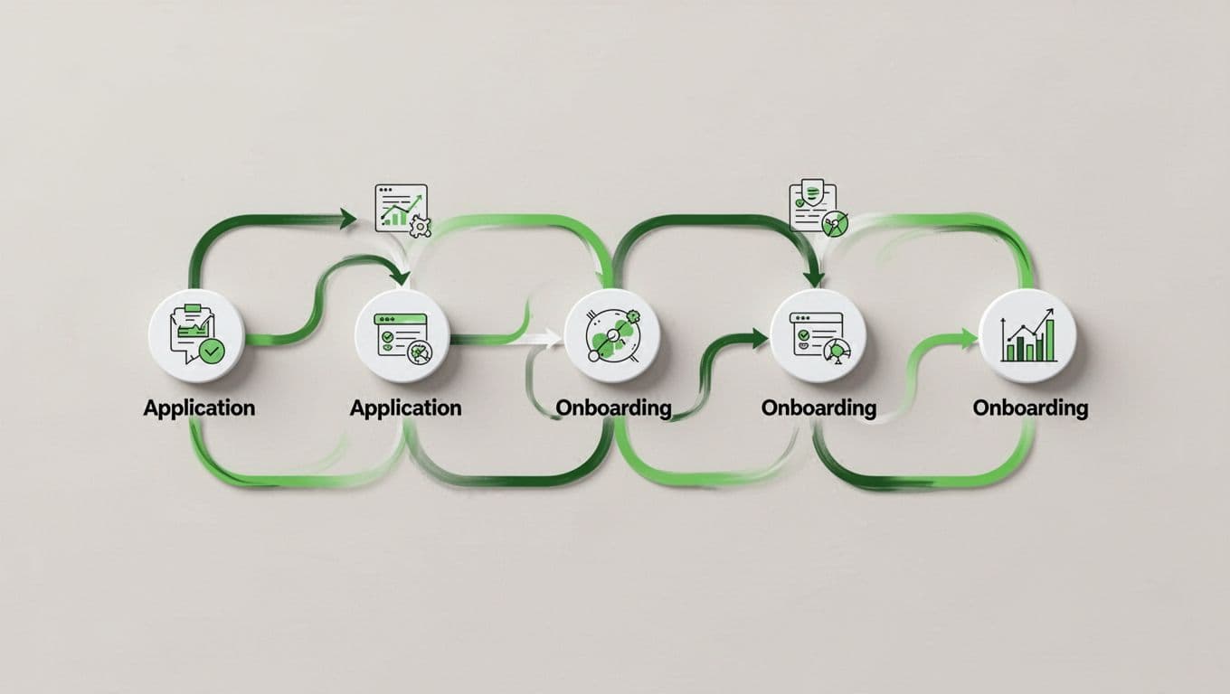 Modern illustration of a feedback framework diagram with stages from apply to onboard, featuring survey icons and metrics. Clean lines, top-down visual flow on neutral background with green connection highlights.