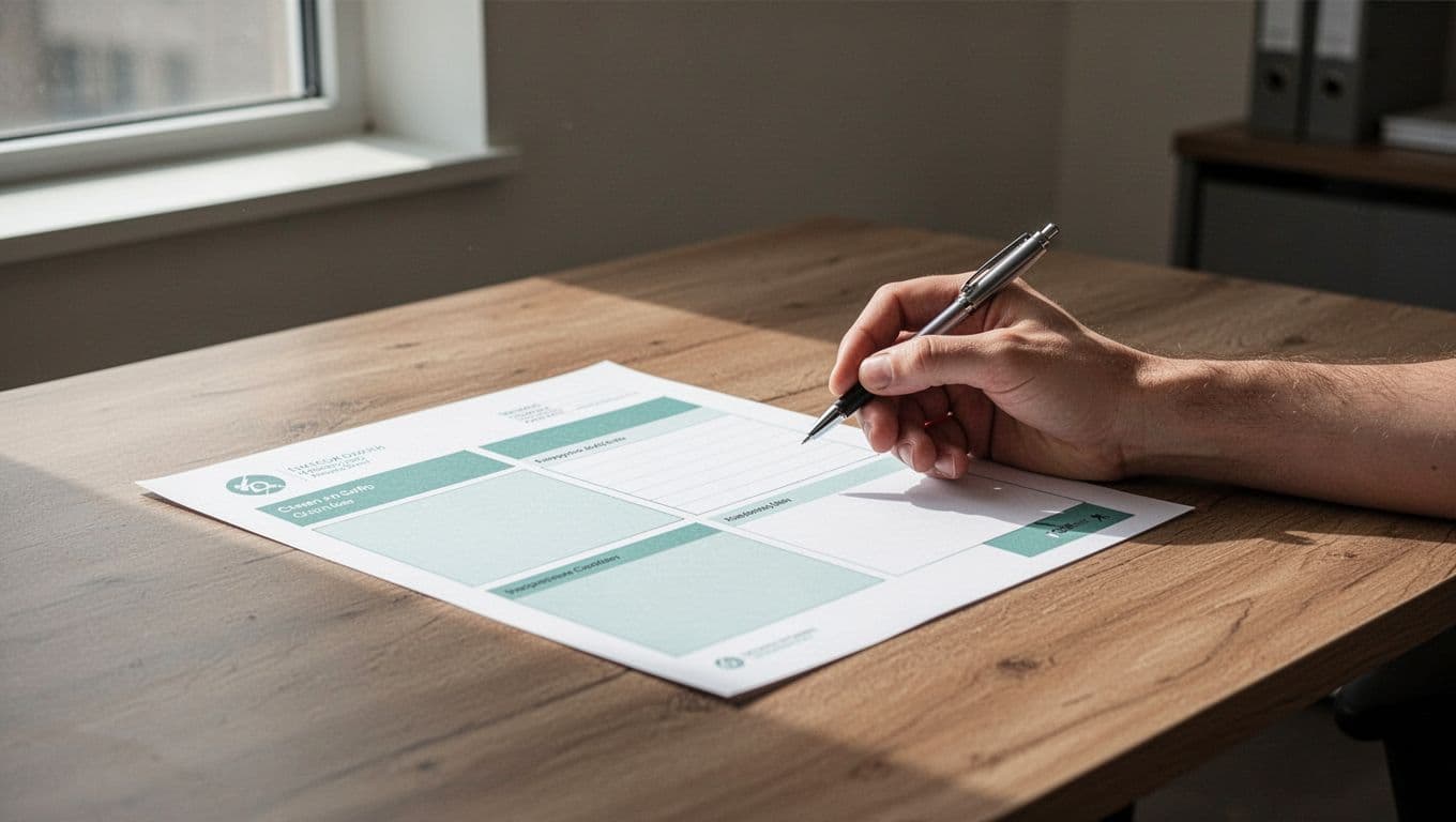 Modern illustration featuring a clean paper template form for interview notes with sections like Candidate Info, Strengths, Evidence, and Recommendations. A single relaxed hand holds a pen beside it on a wooden desk in a neutral office background with soft daylight lighting.