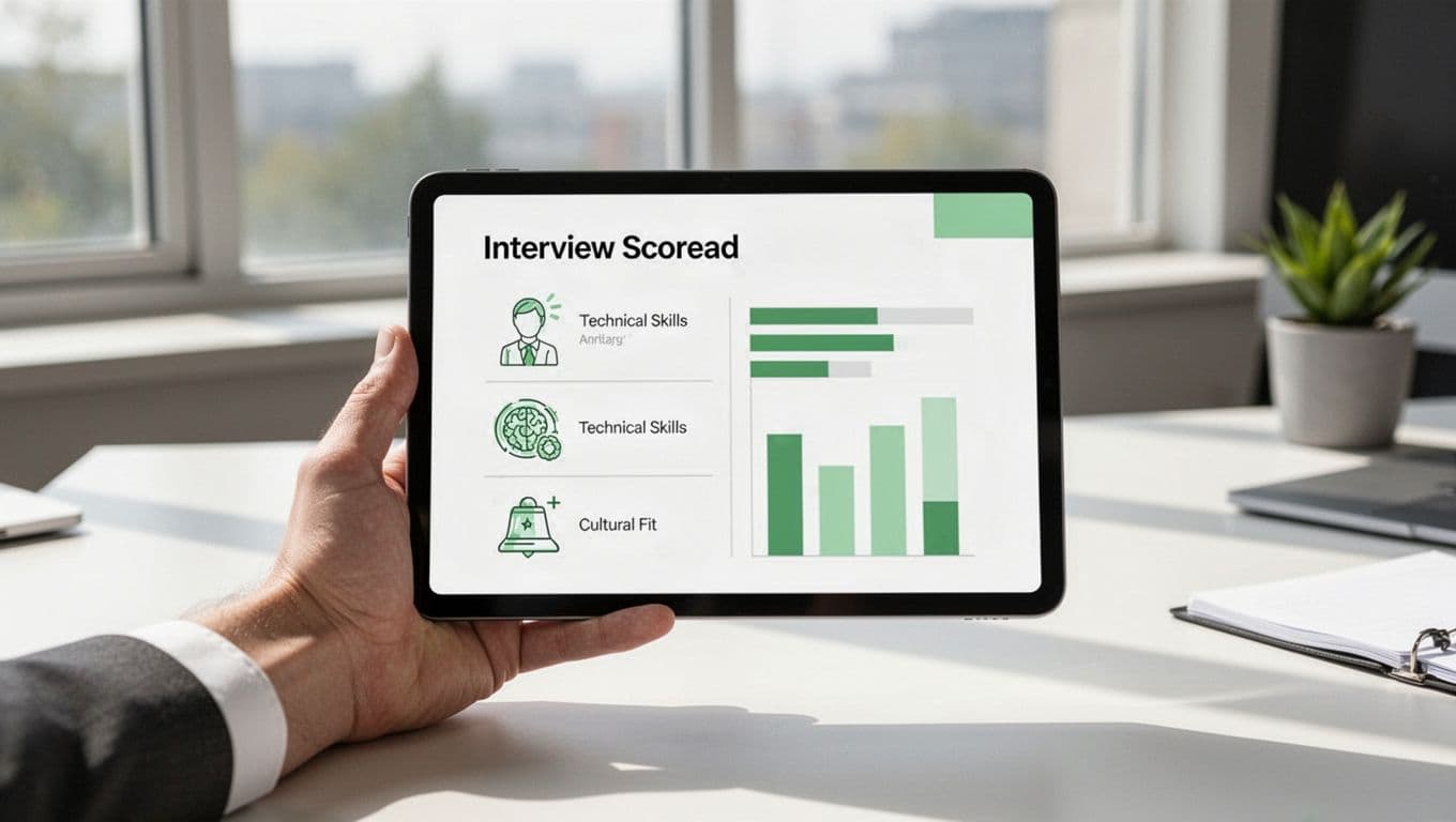 Modern illustration featuring a simple scorecard template on a digital tablet held by one relaxed hand, with icons and bars for categories like technical skills and cultural fit, set on an office desk with natural light.