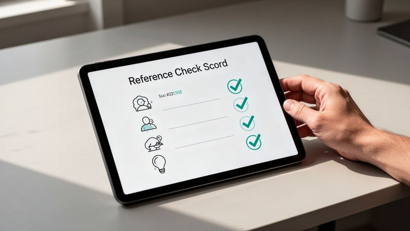 Tablet on clean desk displays scorecard with skills, leadership, and red flag icons, hand rests nearby.