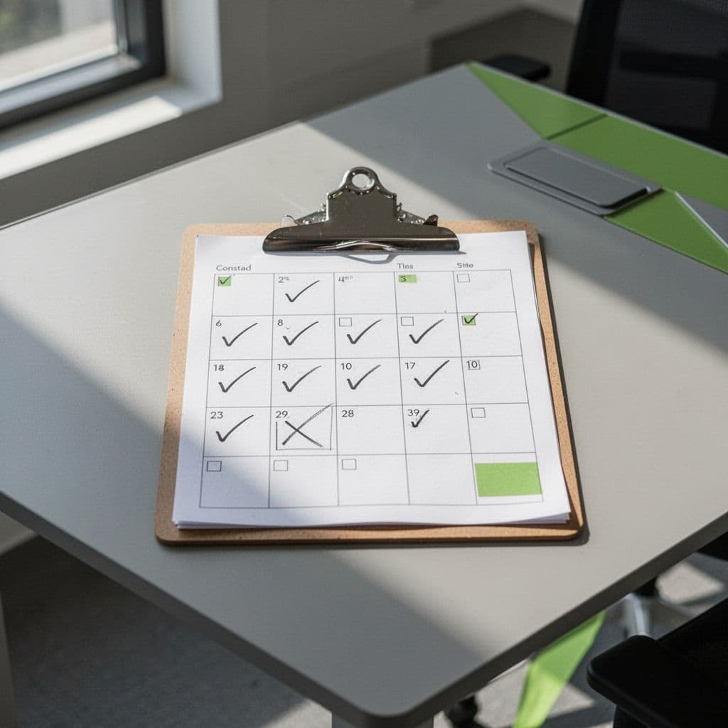 Modern illustration of a simple scoring checklist or table for evaluating proposals, with checkmarks and scores on a clipboard in a modern office, clean lines and green accents.