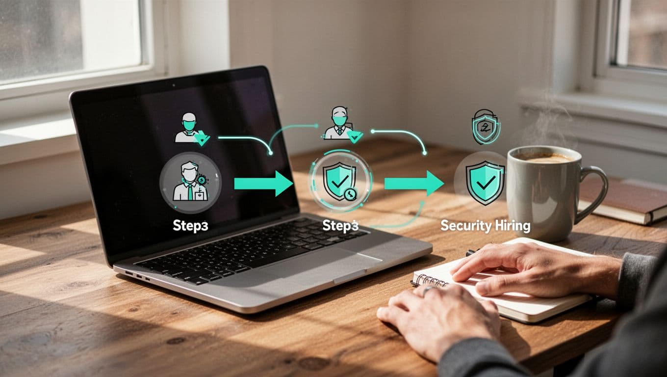 Modern illustration of a straightforward hiring flowchart for security roles in a startup, depicting sourcing to scorecard to offer on a desk with laptop, coffee mug, notebook, and relaxed hands.