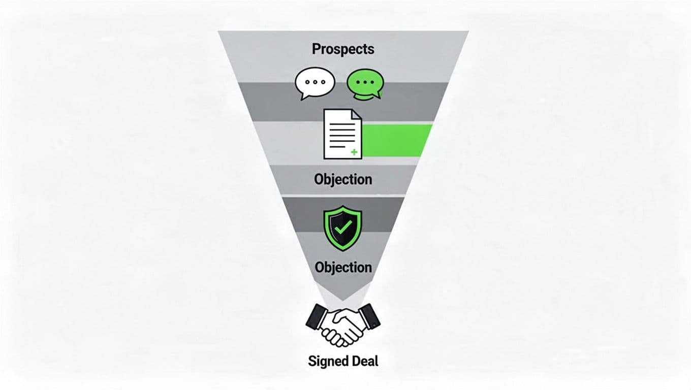 Simplified sales funnel illustration narrowing from prospects at the top to a signed deal at the bottom, featuring icons for conversation bubble, document, objection shield, and handshake in a modern style with clean shapes, bold lines, neutral tones, and green accent highlights.