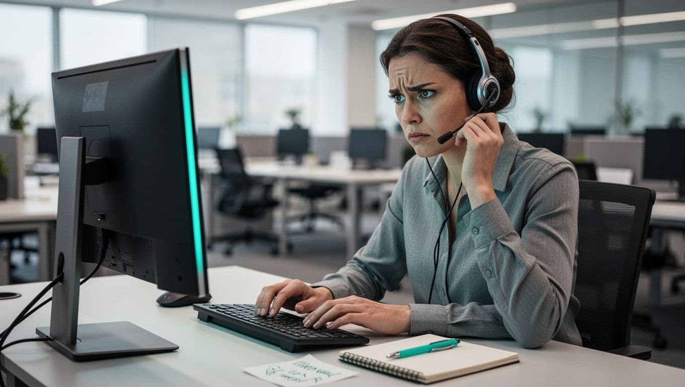 Help desk agent with headset checks screen and notes skeptically during phone call in blurred office.