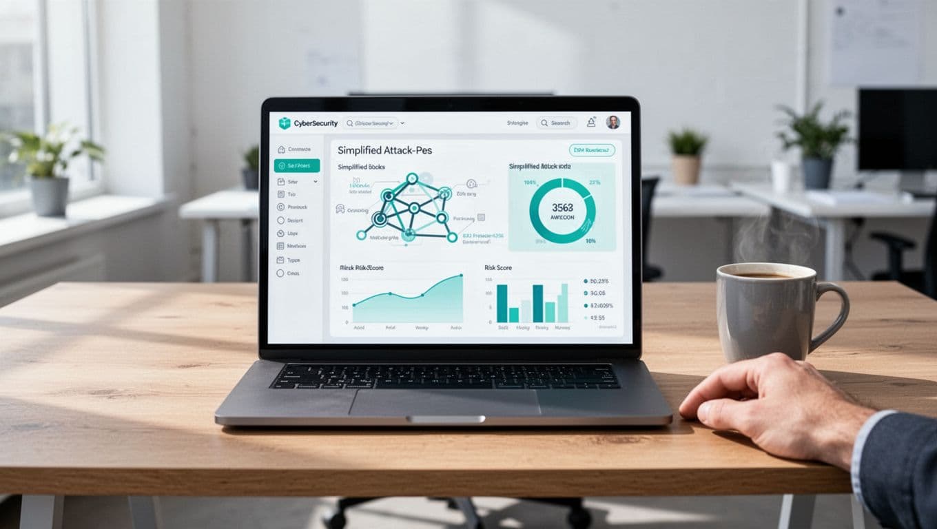 Modern illustration of a sleek cybersecurity dashboard on a laptop screen in a bright office, featuring simplified charts of attack paths and risk scores highlighted in green for low-risk areas. The laptop is centered on a wooden desk with a coffee mug nearby and one relaxed hand resting on the desk edge, using a controlled cool color palette accented by green tones.