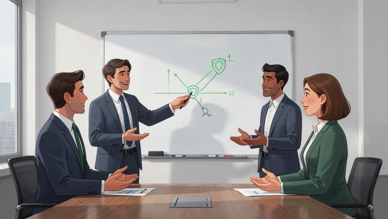 Modern illustration of a small business team in a conference room discussing cybersecurity plan with a local consultant pointing to a chart on a whiteboard, side view with soft lighting.