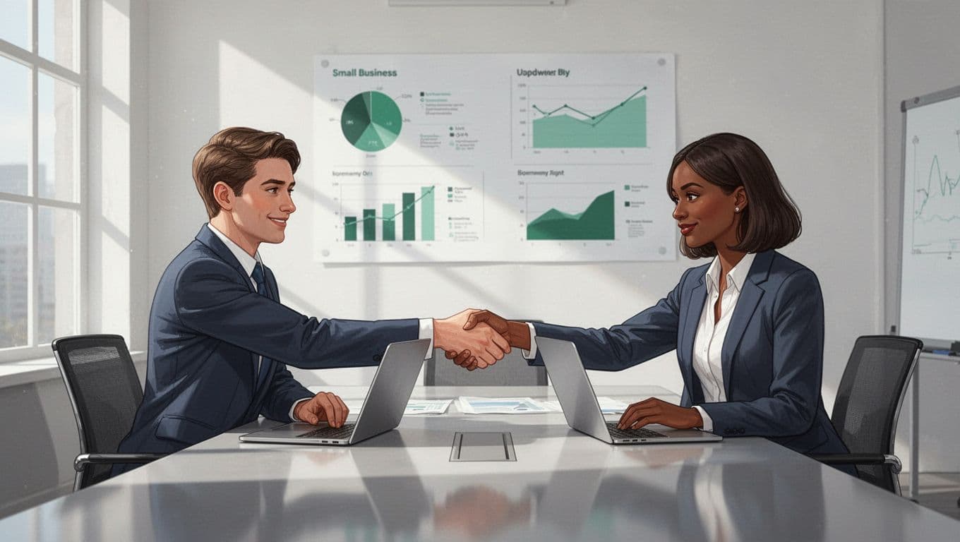 Modern illustration of a small business consultant meeting with the owner in a bright conference room, at a table with laptops and charts on the wall, featuring a handshake gesture with clean shapes and green accents.