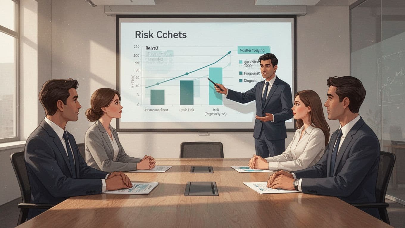 Modern illustration showing a small business team of three in a conference room meeting with a cybersecurity consultant pointing to a risk chart on the screen, in a professional setting with clean shapes, controlled colors, warm lighting, and green accents.