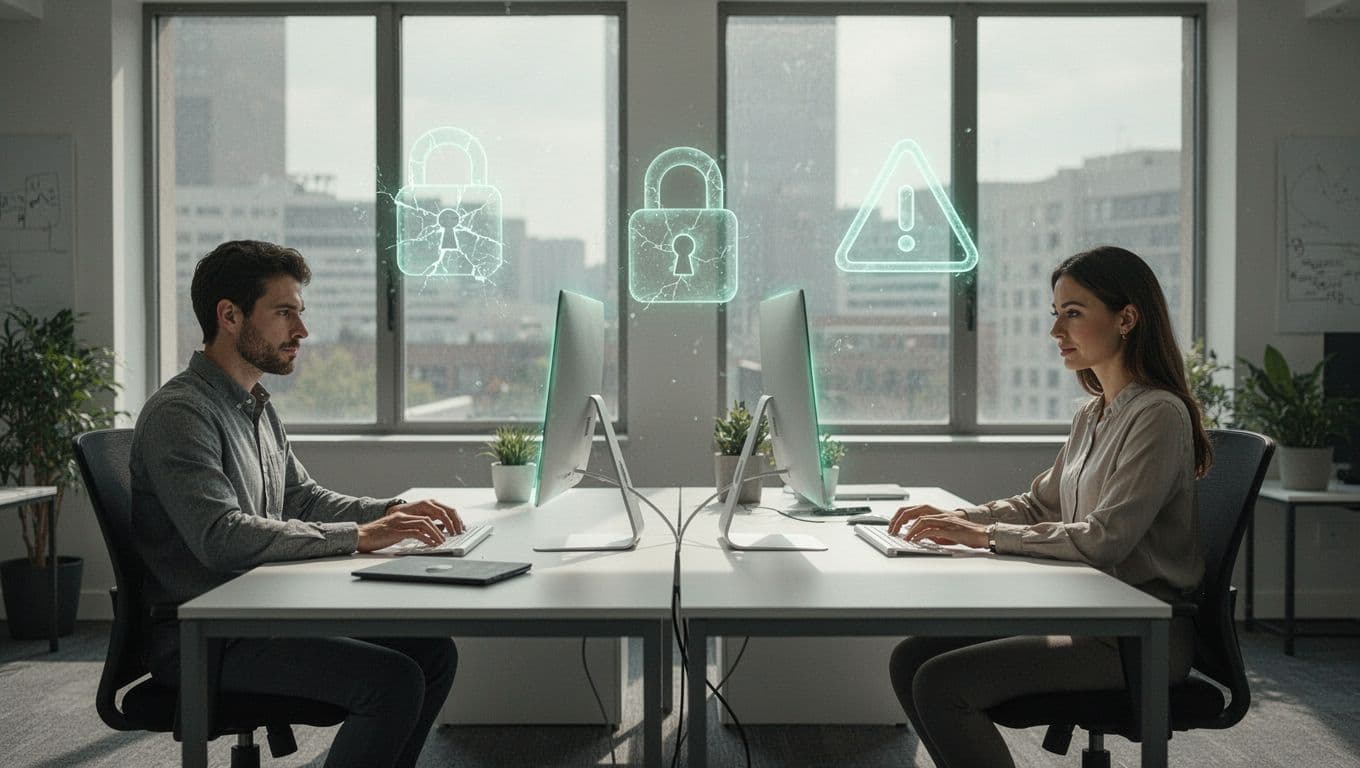 Modern illustration of a small business office with two employees at desks using computers, subtle floating cyber threat icons like padlock cracking and ransomware warnings in the background, featuring clean shapes, natural daylight, and green secure accents.