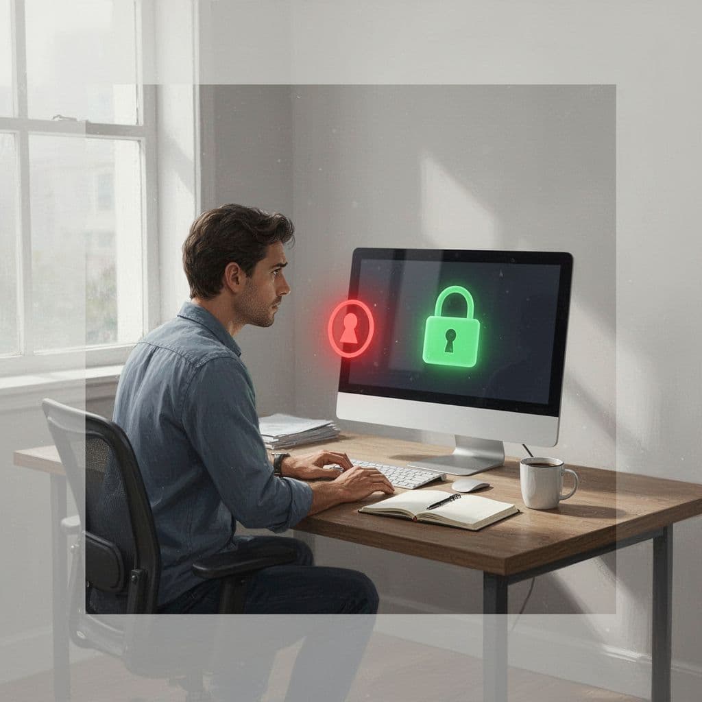 Modern illustration of a small business owner in a modest office, sitting at a desk and looking concerned at a computer screen showing a subtle red warning alert icon for a cyber threat. The desk includes a coffee mug, notebook, simple setup, and a safe lock icon accented in green.