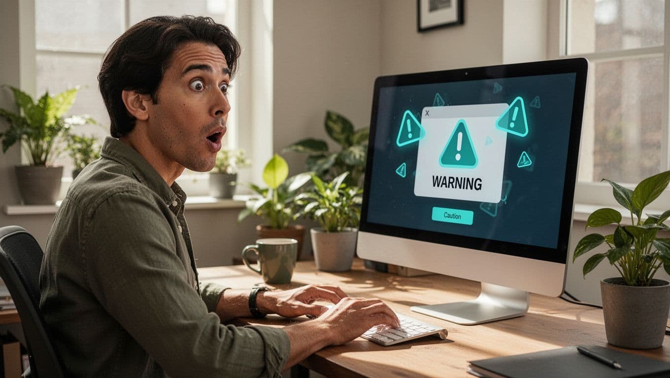 Modern illustration of a small business owner in a cozy office, looking surprised at a computer screen displaying a phishing email popup with scam indicators and subtle warning icons.
