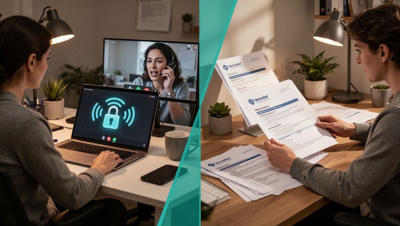 Modern split-composition illustration of two small business employees in separate home offices: one on a video call with unsecured network icons like weak WiFi and open padlock, the other handling vendor documents. Clean shapes, warm lighting, and green accents highlight security contrasts.