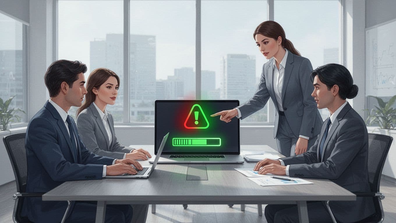 Modern illustration of a three-person small business team in a bright office around a conference table, viewing a laptop security risk dashboard where one member points to a red vulnerability alert turning green, using clean shapes, blue-gray palette with green accents.