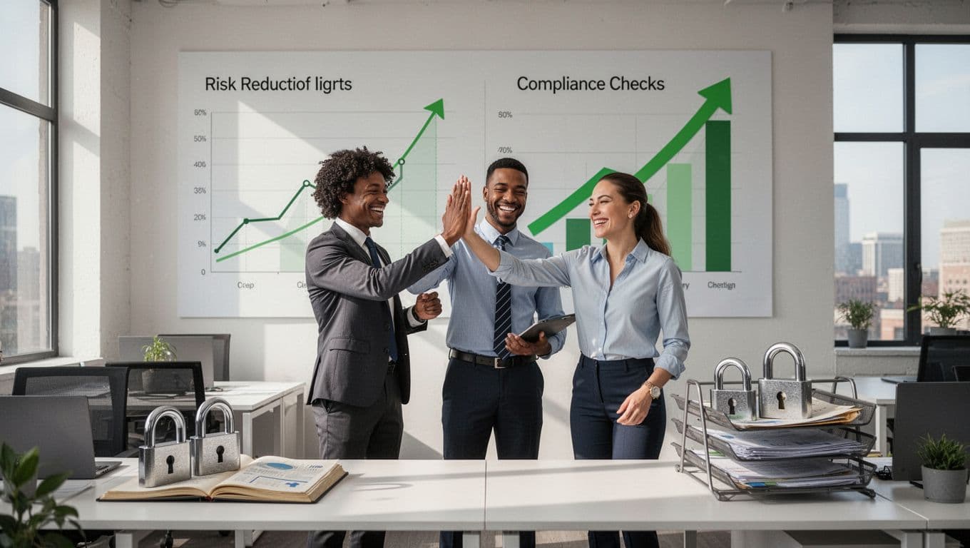 Modern illustration of a small business team of three diverse members celebrating in an open office, featuring graphs of risk reduction and compliance checks, secure padlocks on files, and upward growth arrows in vibrant professional style.